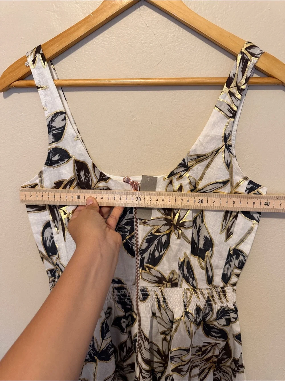 J. Crew White Midi Dress with Navy and Gold Leaf Pattern